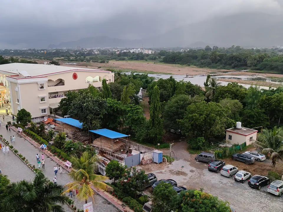 An aerial view of the Brahma Kumaris Mansarovar campus